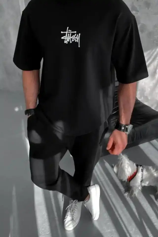 Erkek Kısa Kol Yazlık Tişört Bisiklet Yaka Baskılı Oversize T-Shirt - Siyah