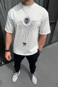 Erkek Kısa Kol Tişört Bisiklet Yaka GÜL Baskılı Oversize T-Shirt - Beyaz