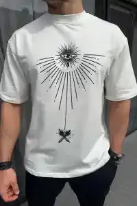 Erkek Kısa Kol Tişört Bisiklet Yaka GÜL Baskılı Oversize T-Shirt - Beyaz