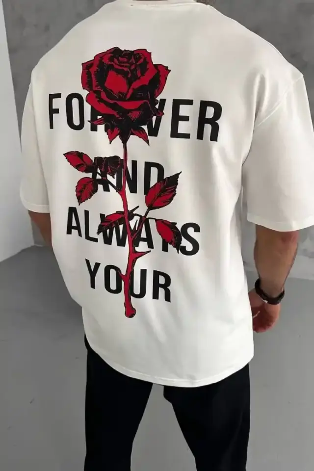 Erkek Kısa Kol Tişört Bisiklet Yaka GÜL Baskılı Oversize T-Shirt - Beyaz