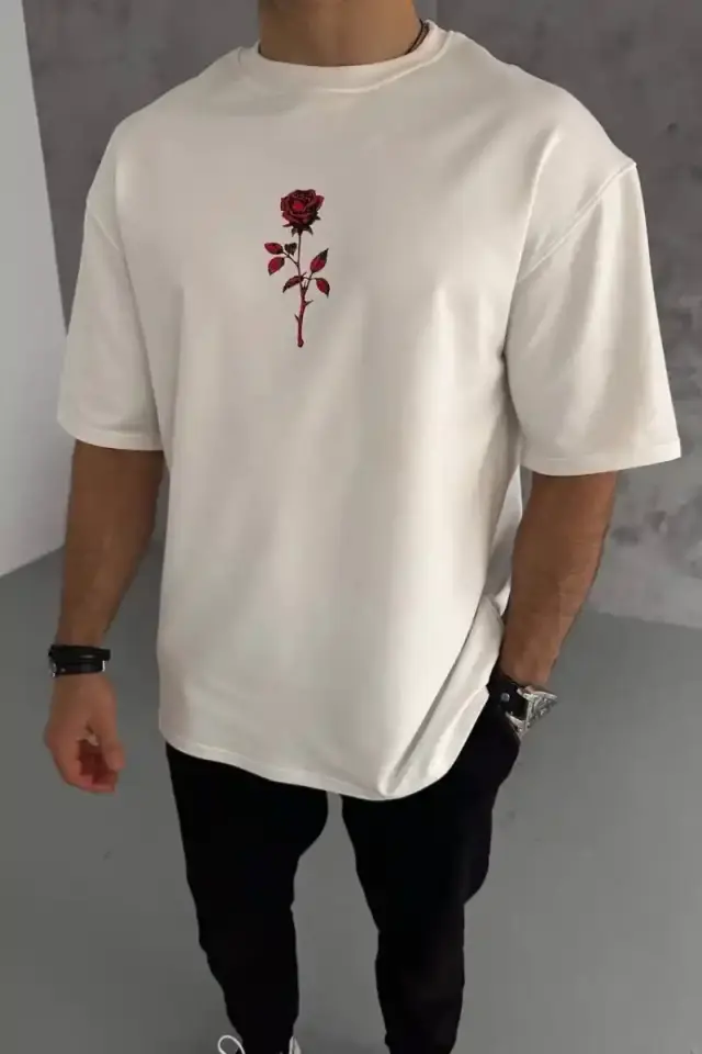 Erkek Kısa Kol Tişört Bisiklet Yaka GÜL Baskılı Oversize T-Shirt - Beyaz