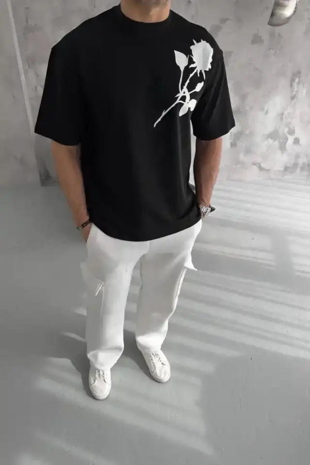 Erkek Kısa Kol Tişört Bisiklet Yaka GÜL Baskılı Oversize T-Shirt - Siyah