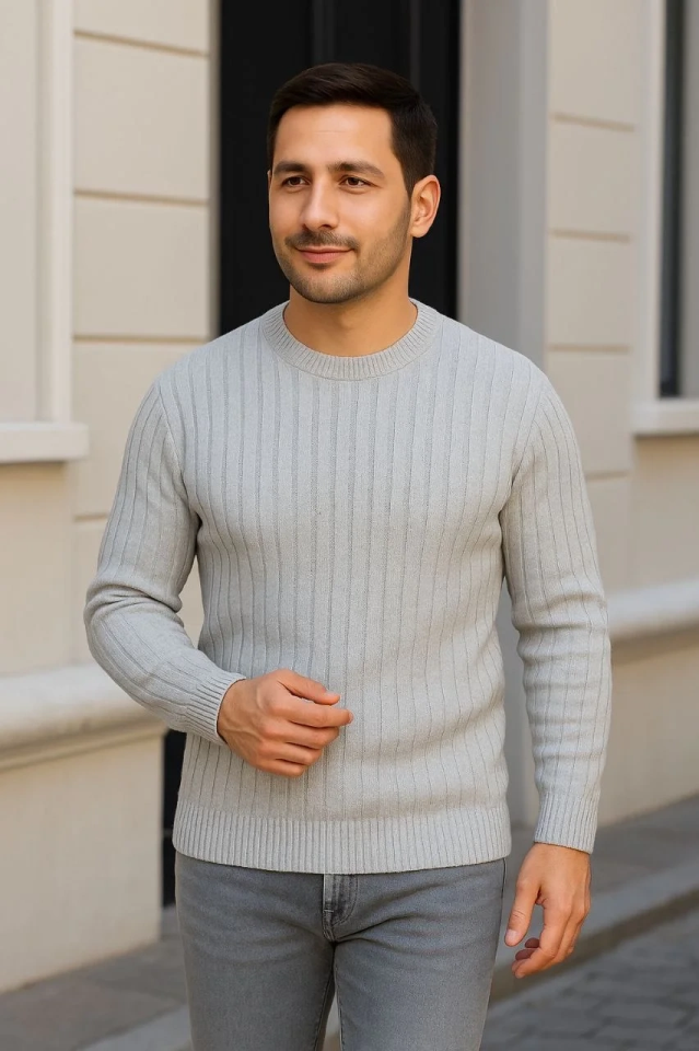 Erkek Fitilli Triko Kazak 2’li Set Siyah Gri Kalın Dokuma Pamuklu Regular Fit Bisiklet