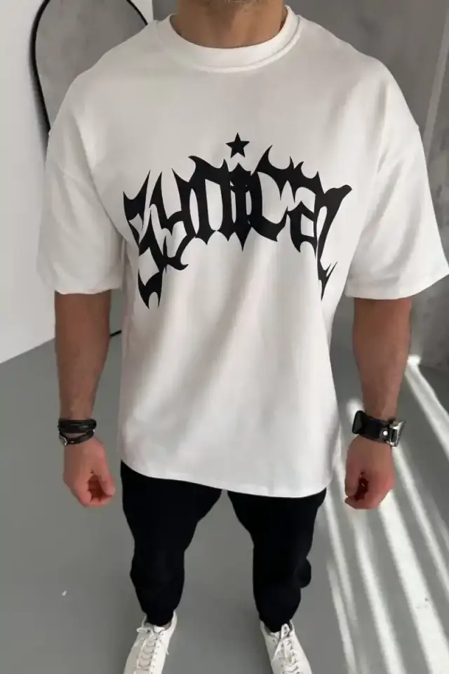 ERKEK Tişört Bisiklet Yaka Baskılı Kısa kol T-Shirt - Beyaz