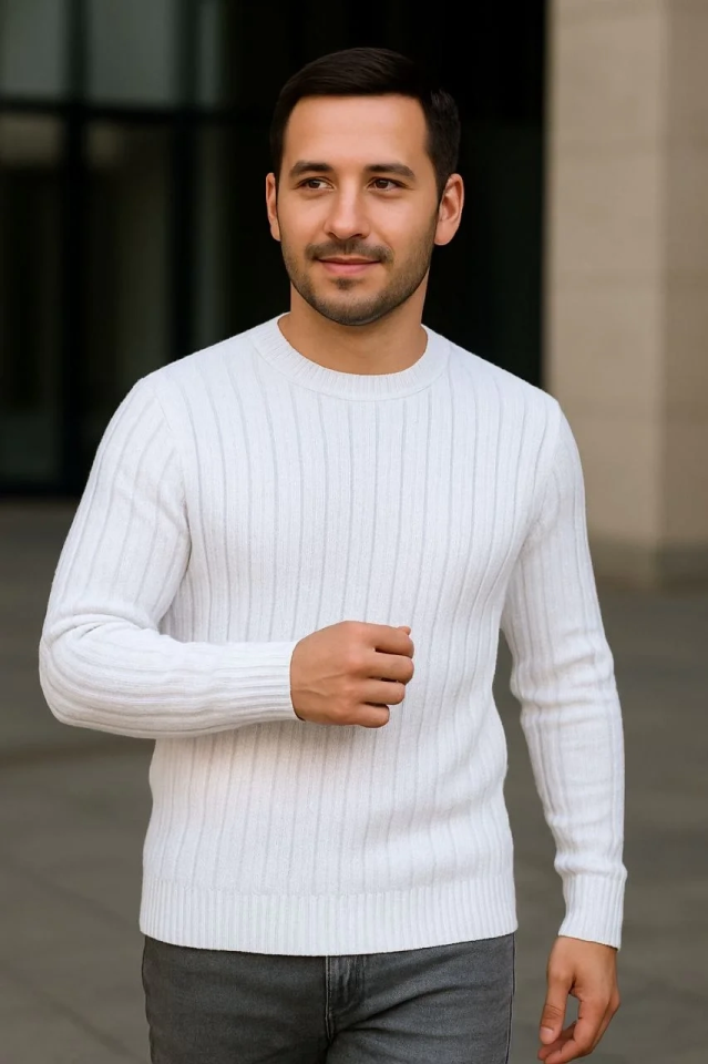 Erkek Fitilli Triko Kazak 2’li Set Siyah Beyaz Kalın Dokuma Pamuklu Regular Fit Bisiklet