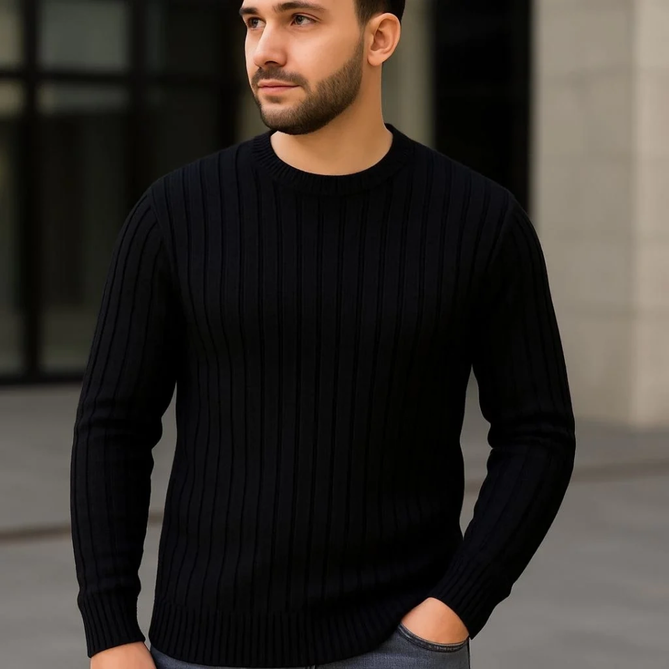 Erkek Fitilli Triko Kazak 2’li Set Siyah Beyaz Kalın Dokuma Pamuklu Regular Fit Bisiklet