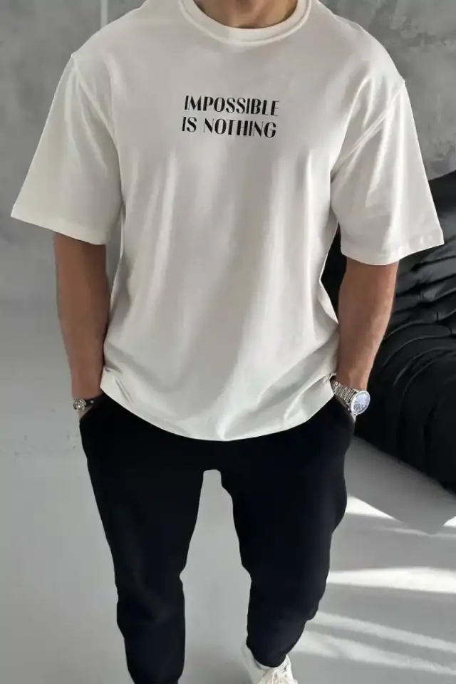 ERKEK Tişört Bisiklet Yaka Baskılı Oversize Kısa kol T-Shirt - Beyaz
