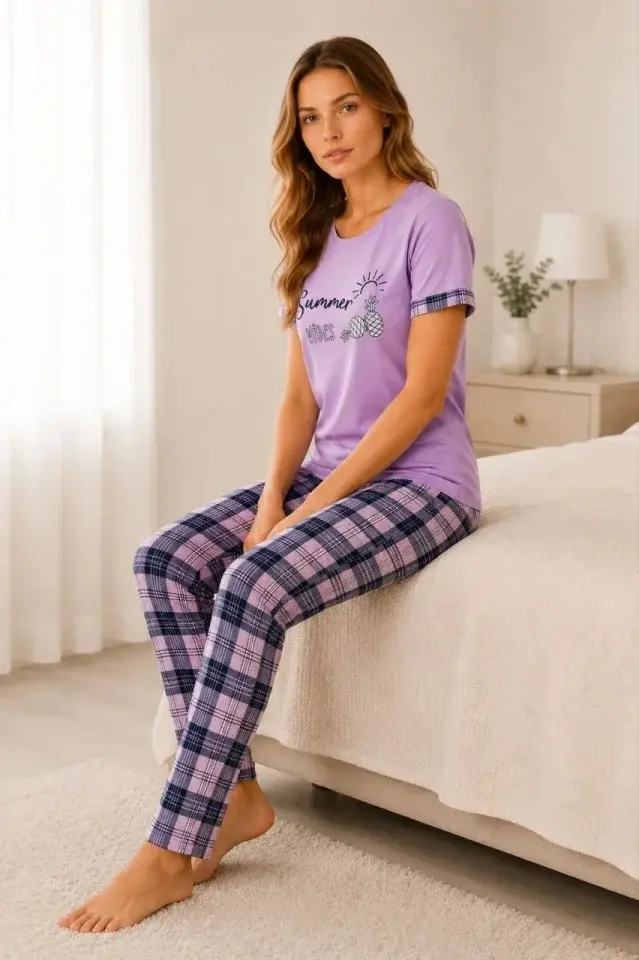 Pamuklu Penye Summer Baskılı Kısa Kollu Pijama Takımı Bisiklet Yaka Ekose Desenli - Lila