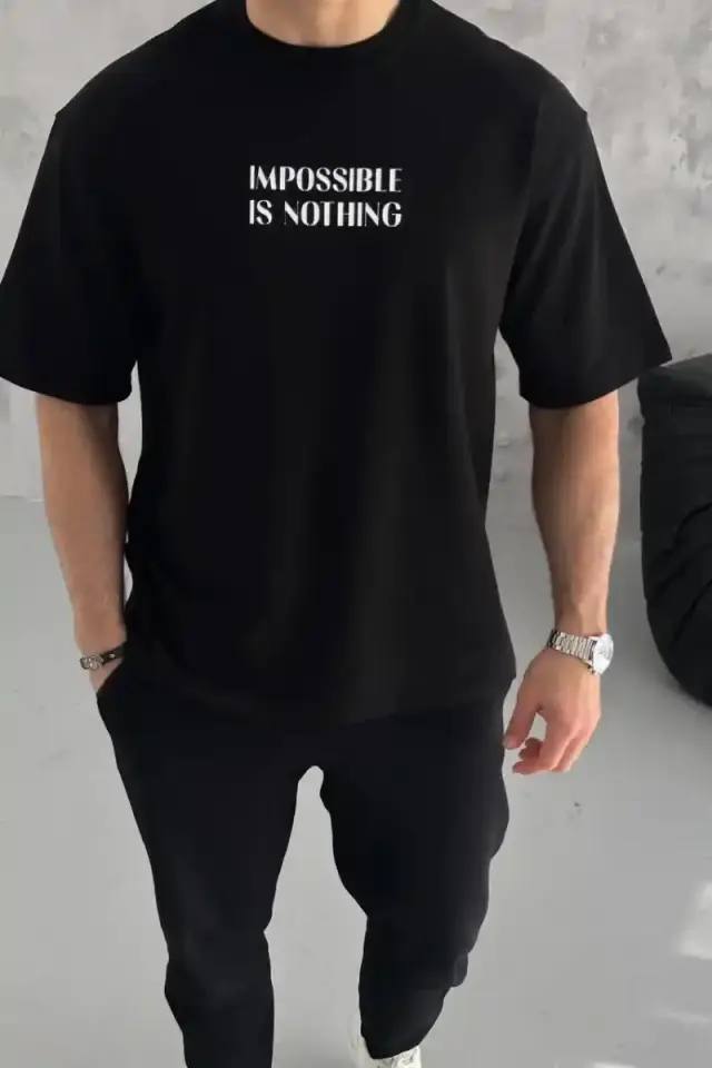 ERKEK Tişört Bisiklet Yaka Baskılı Oversize Kısa kol T-Shirt - Siyah