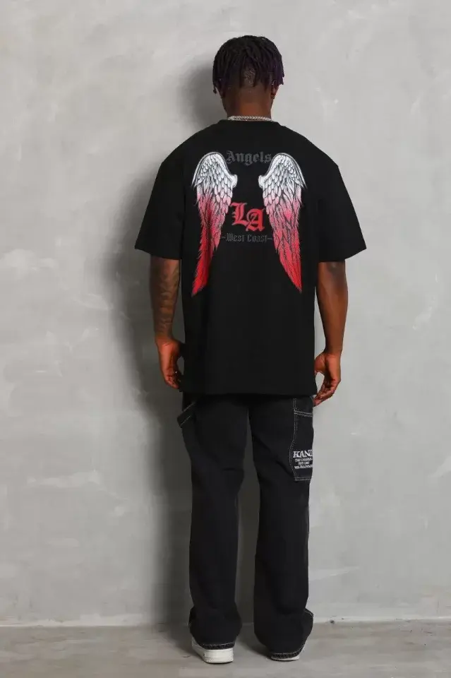 Unisex Oversize Baskılı Bisiklet Yaka T-Shirt - Siyah