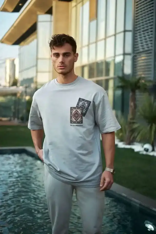 Erkek Kısa Kol Yazlık Tişört Bisiklet Yaka Baskılı Oversize T-Shirt - Boyalı Gri