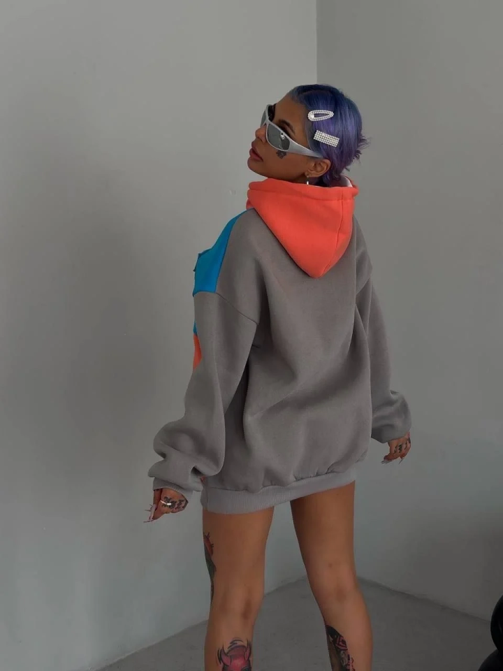 Kadın W Nakış İşlemeli Kapüşonlu 3 iplik pamuklu Parçalı Sweatshirt Hoodie - Mavi
