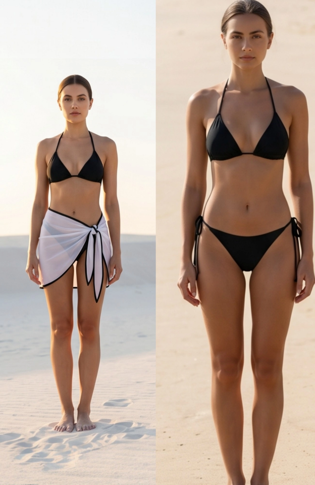 Kadın Siyah Beyaz Pareolu Yandan ve Boyundan Bağlamalı 3'lü Bikini Takımı – Modern, Konforlu ve Günlük Kombinlere Uygun