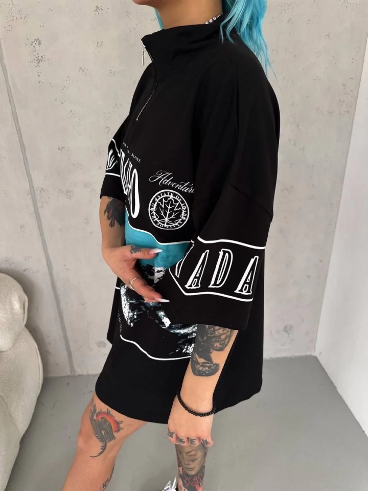 Kadın Baskılı Yarım Fermuarlı Kısa kol T-Shirt - Siyah