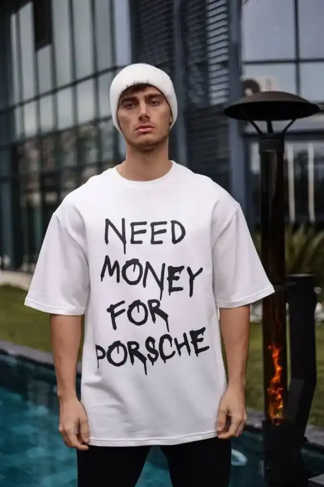 Erkek Kısa Kol Yazlık Tişört Bisiklet Yaka Baskılı Oversize T-Shirt - Beyaz