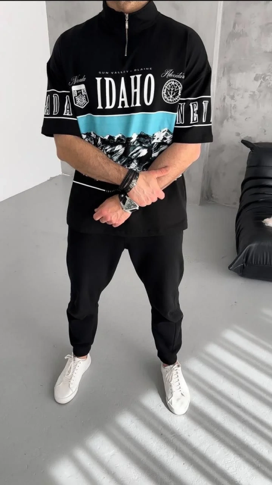 Erkek  Baskılı Yarım Fermuarlı  Kısa kol T-Shirt - Siyah