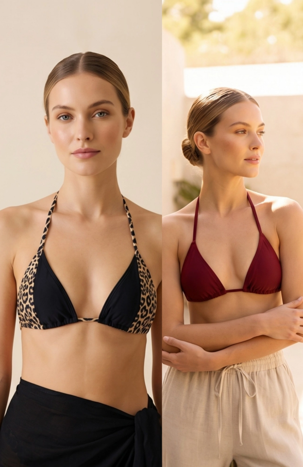 Kadın Leopar Desenli ve Bordo Minimal Kesim Üçgen Bikini Üstü – Modern ve Şık Tasarım