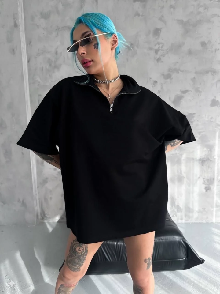 Kadın Yarım Fermuarlı Tişört Kısa kol T-Shirt - Siyah