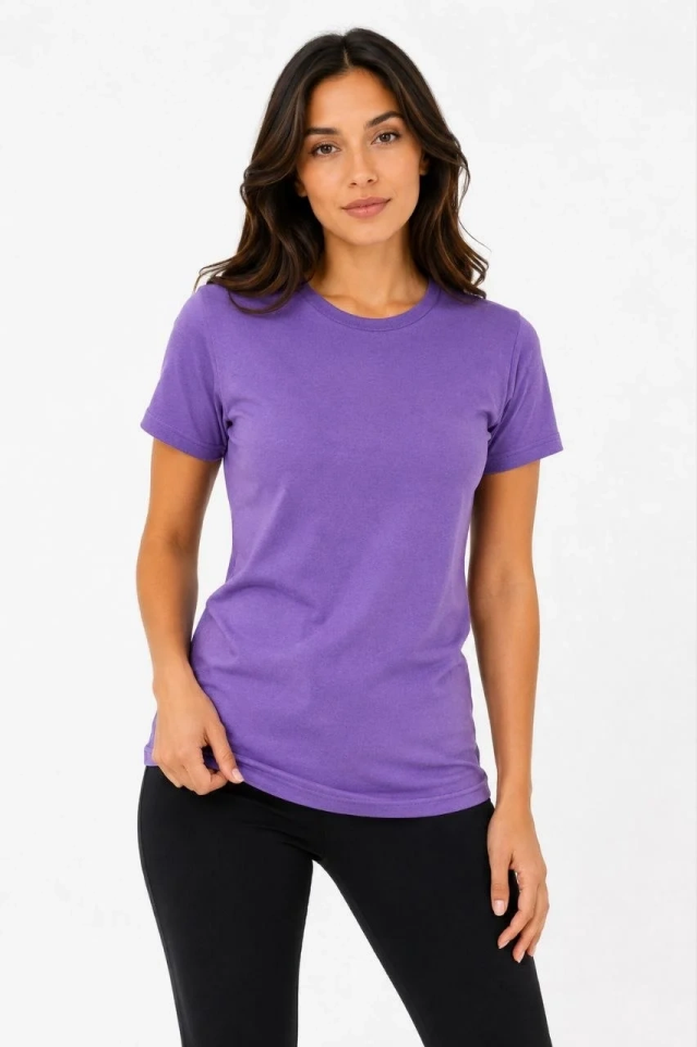 Kadın Basic Bisiklet Yaka Yazlık Slim fit T-Shirt - Mor & Petrol Mavisi