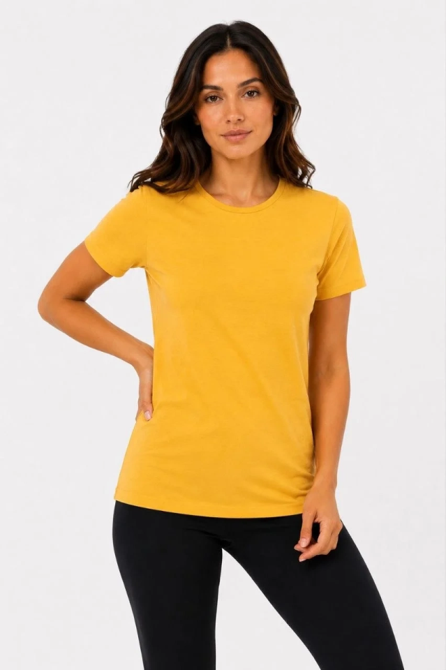 Kadın Basic Bisiklet Yaka Yazlık Slim fit T-Shirt - Mavi & Hardal Sarısı