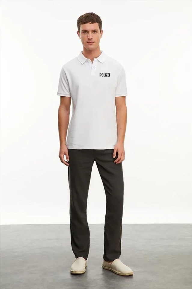Erkek Polo Yaka Düğmeli Tişört Pike Baskılı T-Shirt - Beyaz
