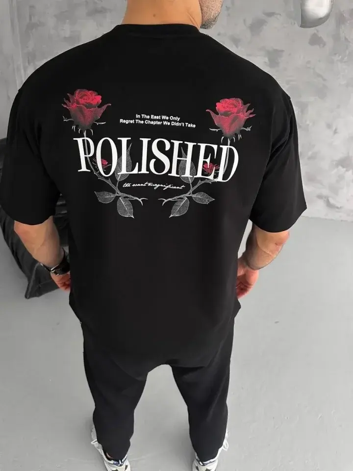 Unisex Bisiklet Yaka Baskılı Oversize T-Shirt - Siyah