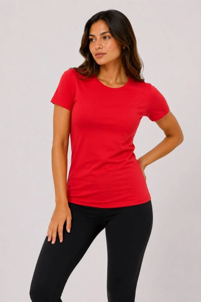Kadın 3’lü Kısa Kollu Bisiklet Yaka Basic Slim Fit T-Shirt - Kırmızı - Mavi - Turuncu