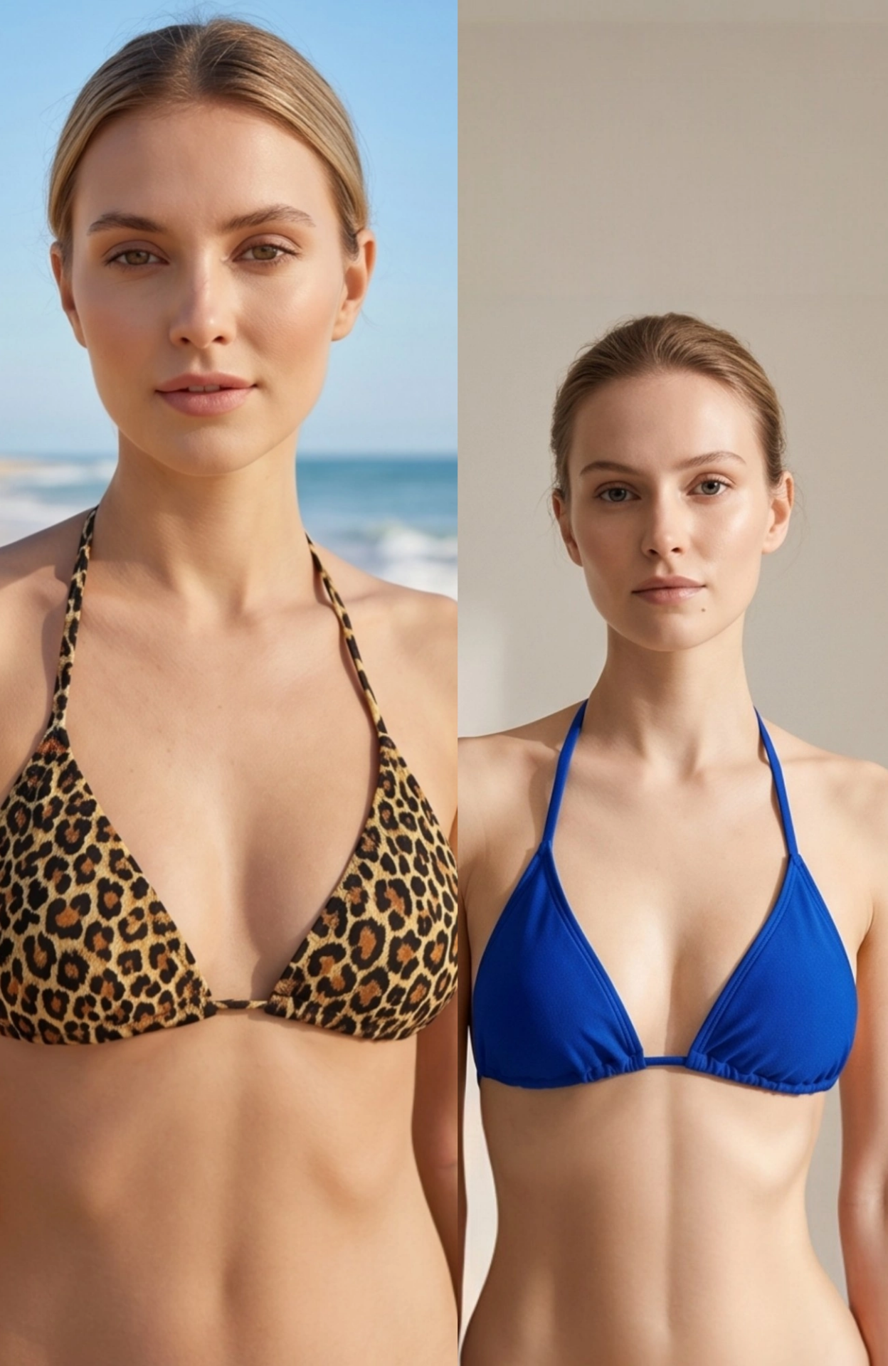Kadın Leopar Desenli ve Mavi Minimal Kesim Üçgen Bikini Üstü – Modern ve Şık Tasarım