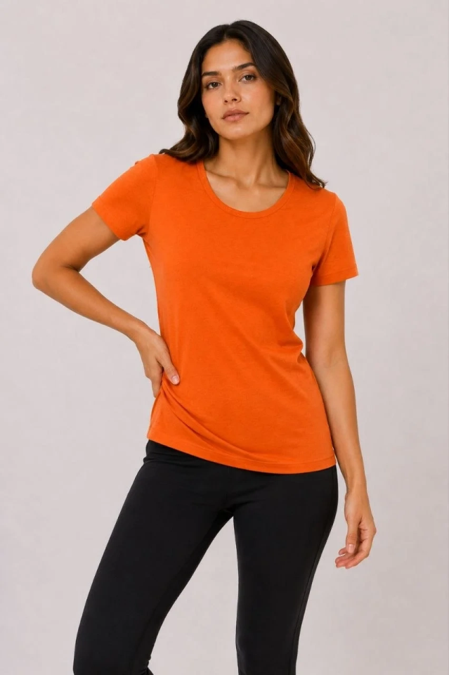 Kadın 3’lü Kısa Kollu Bisiklet Yaka Basic Slim Fit T-Shirt - Turuncu - Bej - Hardal