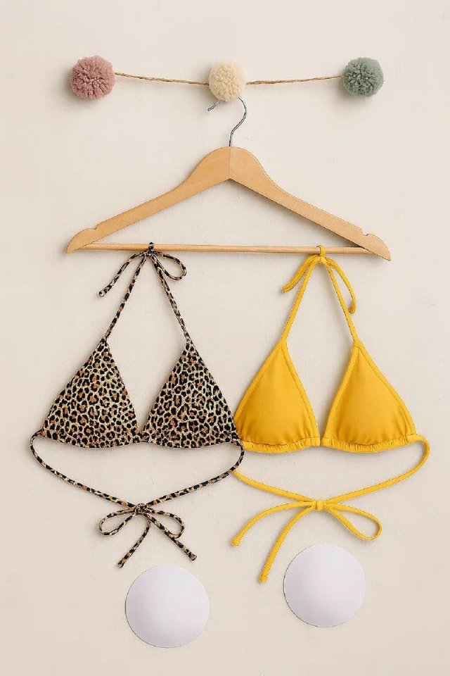 Kadın Leopar Desenli ve Sarı Minimal Kesim Üçgen Bikini Üstü – Modern ve Şık Tasarım