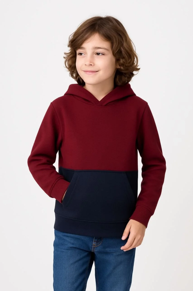 Erkek Çocuk Kapüşonlu Kanguru Cepli Parçalı SweatShirt - Renkli
