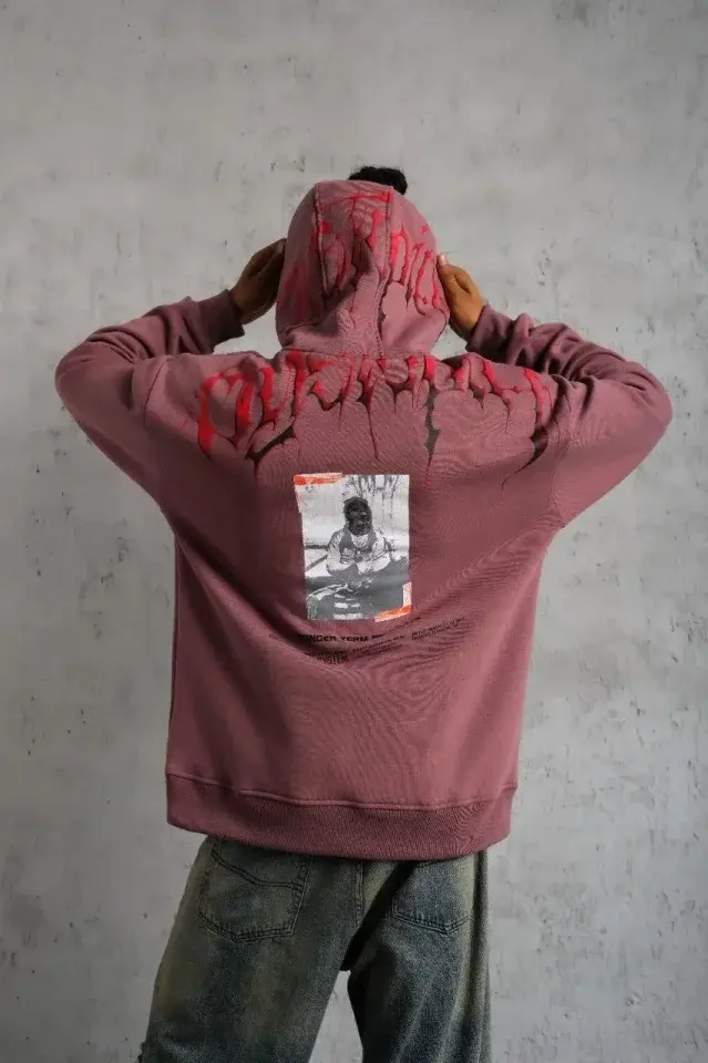 Erkek Ön Ve Arka Baskılı Kapüşonlu 3 İplik Sweatshirt - Gül Kurusu