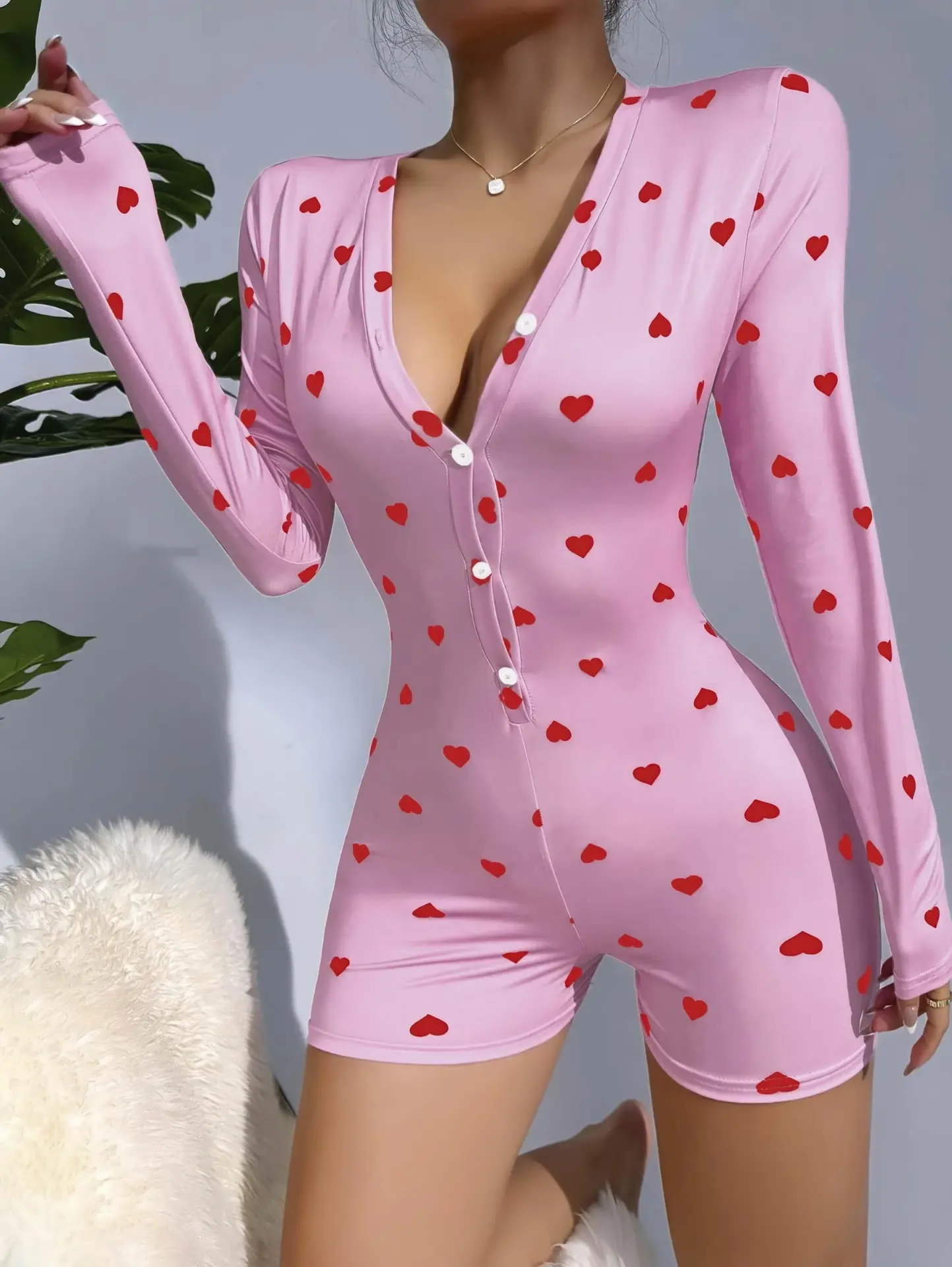 Morliva Kadın Pembe Kalp Desenli Pijama Tulumu 5121