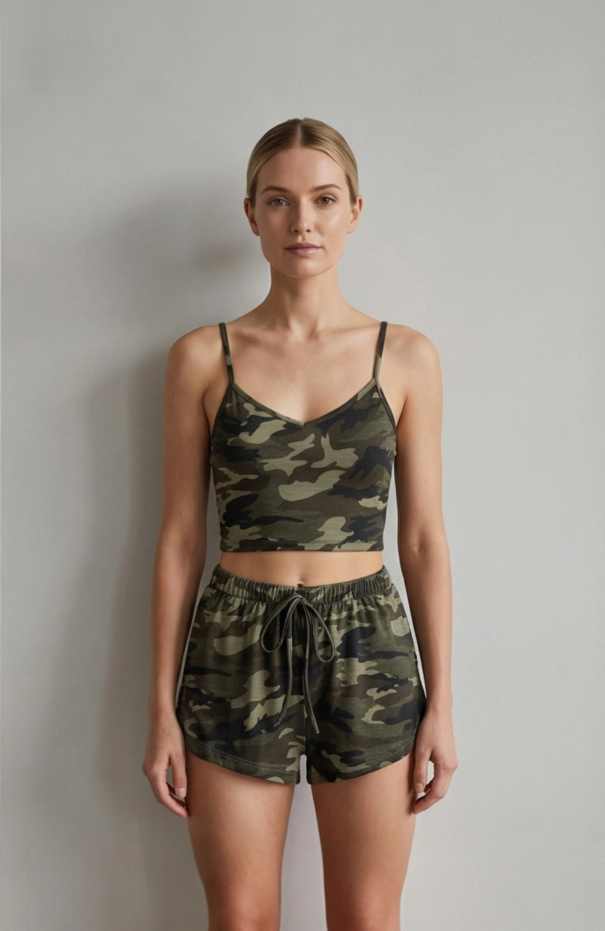 Kadın Kamuflaj Desenli Askılı Crop Top ve Şortlu Gecelik Takım – Modern, Konforlu ve Günlük Kombinlere Uygun