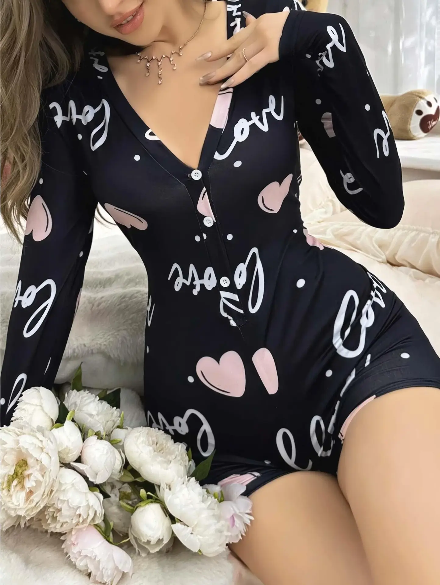 Morliva Kadın Siyah Kalp Desenli Love Yazılı Pijama Tulumu 5124