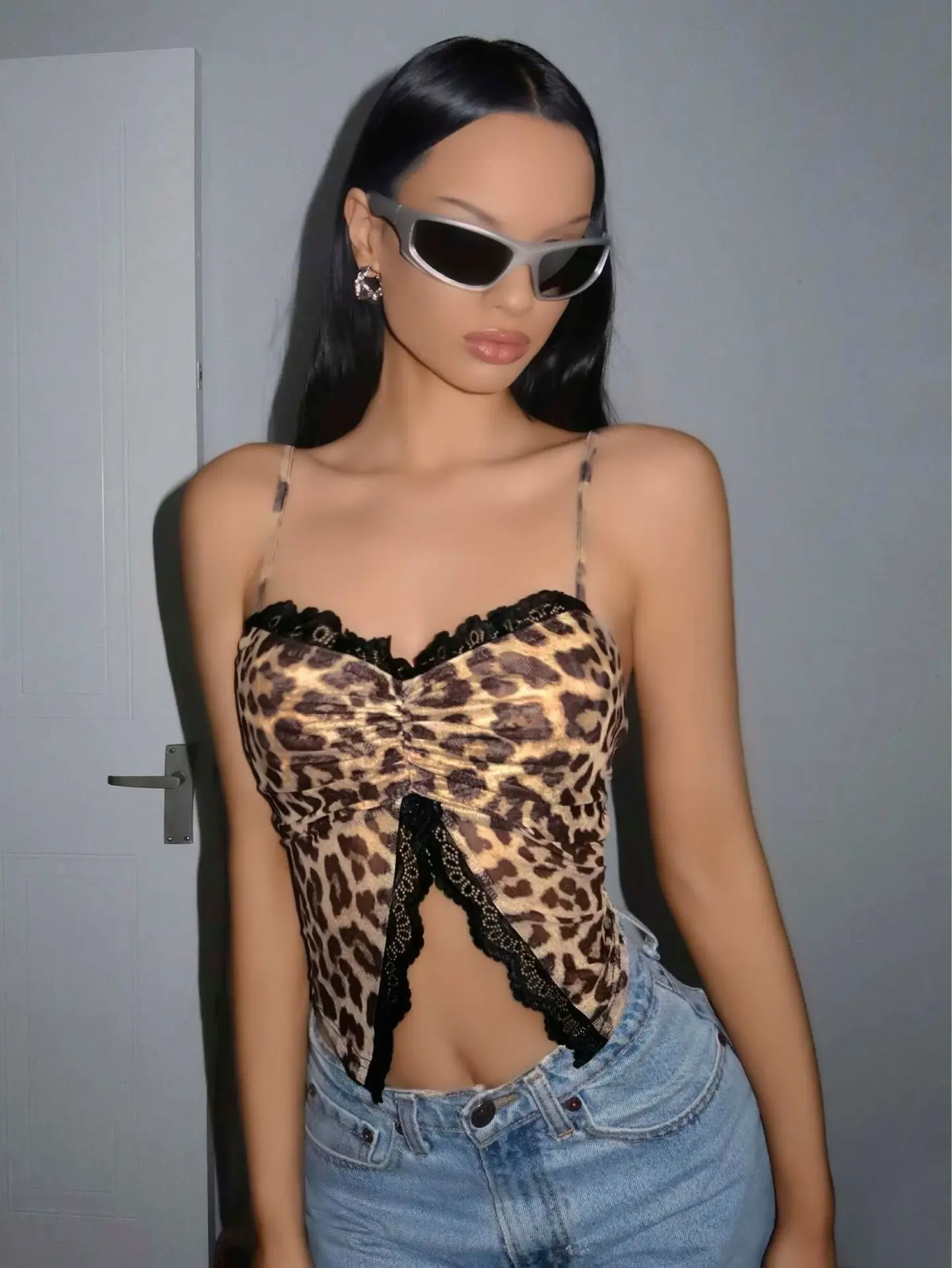Kadın Leopar Desenli Crop Önden Dantel Detaylı 5095