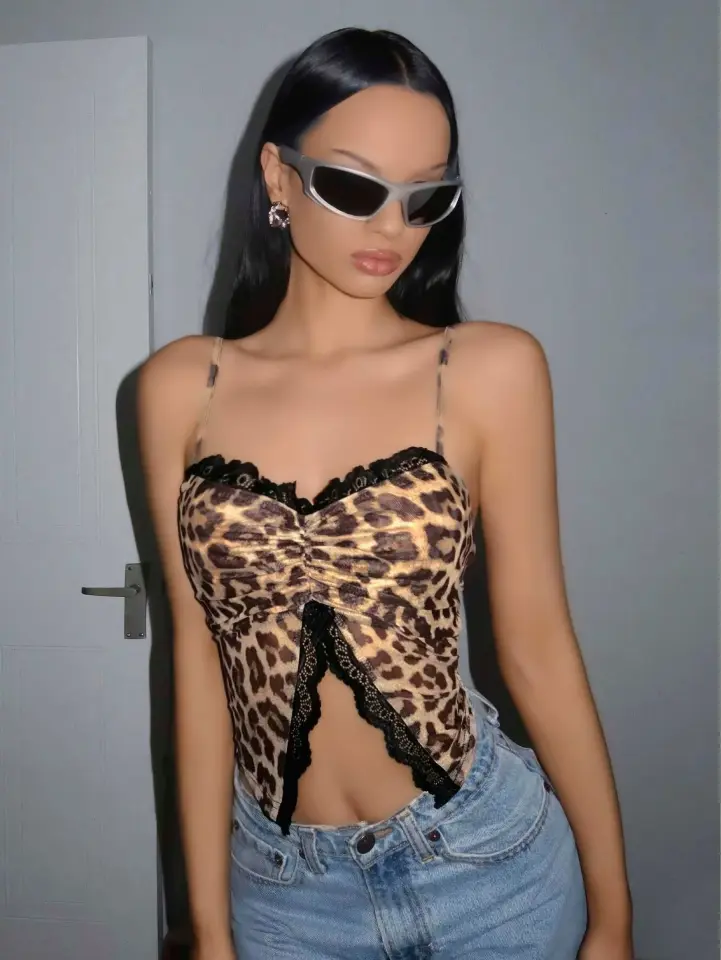 Kadın Leopar Desenli Crop Önden Dantel Detaylı 5095