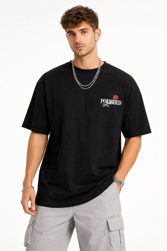 Erkek Kısa Kol Yazlık Tişört Bisiklet Yaka Baskılı Oversize T-Shirt - Siyah