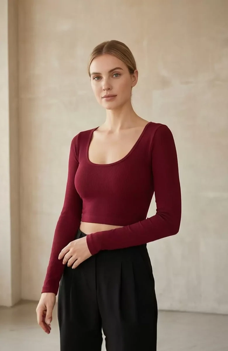 Kadın Bordo Uzun Kol Kare Yaka Crop Top Bluz