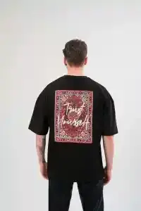Erkek Kısa Kol Yazlık Tişört Bisiklet Yaka Baskılı Oversize T-Shirt - Siyah