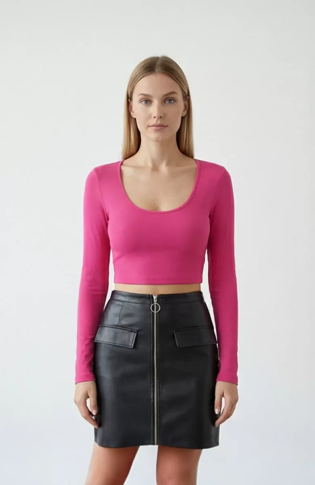 Kadın Fuşya Uzun Kol Kare Yaka Crop Top Bluz – Şık, Rahat ve Kolay Kombinlenebilir