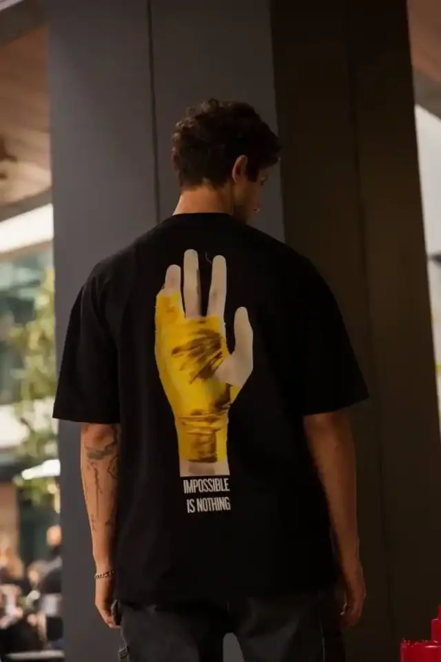 Erkek Kısa Kol Yazlık Tişört Bisiklet Yaka Baskılı Oversize T-Shirt - Siyah
