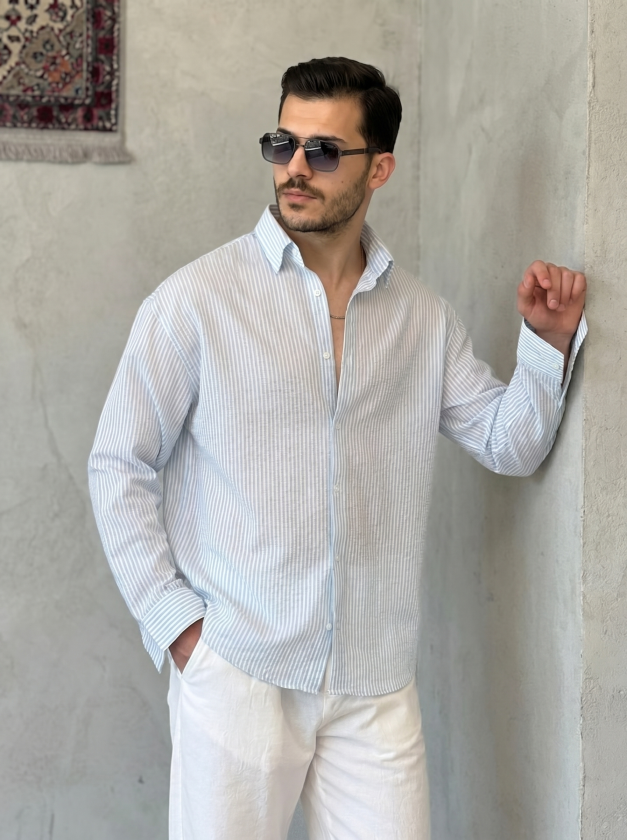 Erkek İnce Çizgili Gofre Kumaş Rahat Kalıp Gömlek