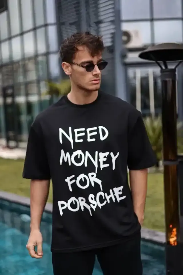 Erkek Tişört Bisiklet Yaka Baskılı Kısa kol Oversize T-Shirt - Siyah