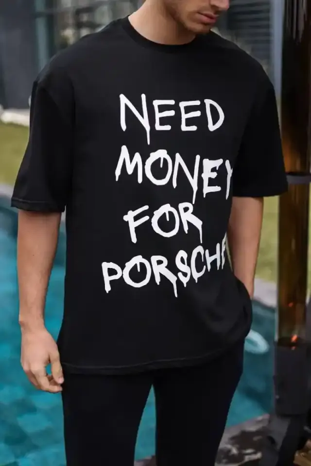 Erkek Tişört Bisiklet Yaka Baskılı Kısa kol Oversize T-Shirt - Siyah