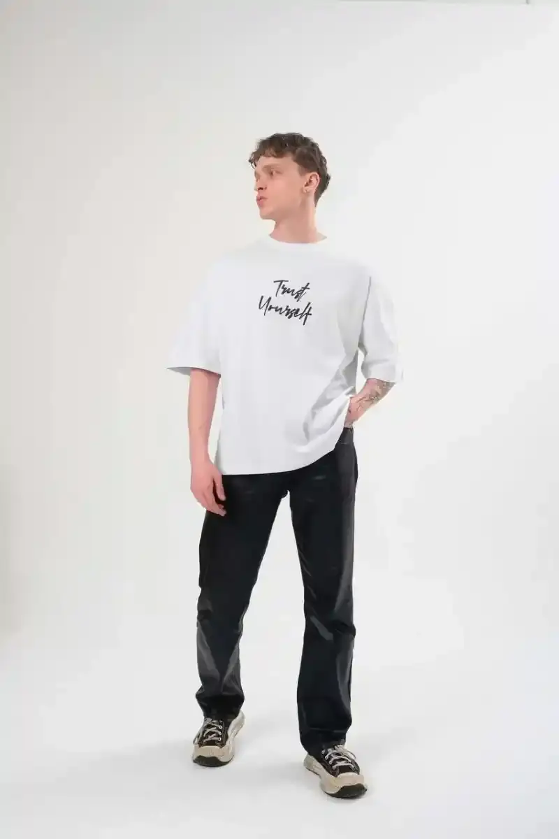 Erkek Bisiklet Yaka Baskılı Kısa kol T-Shirt - Beyaz