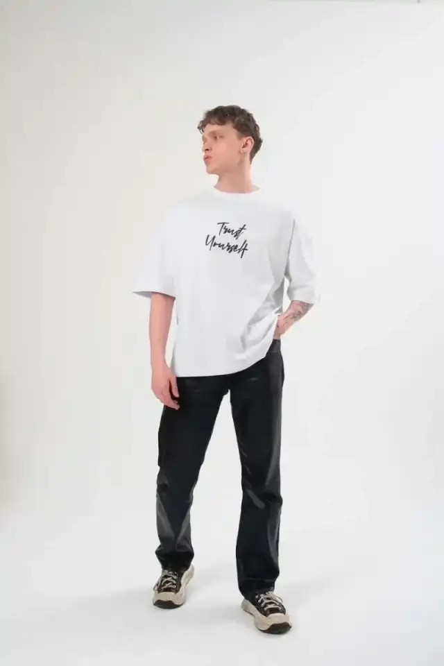 Erkek Bisiklet Yaka Baskılı Kısa kol T-Shirt - Beyaz