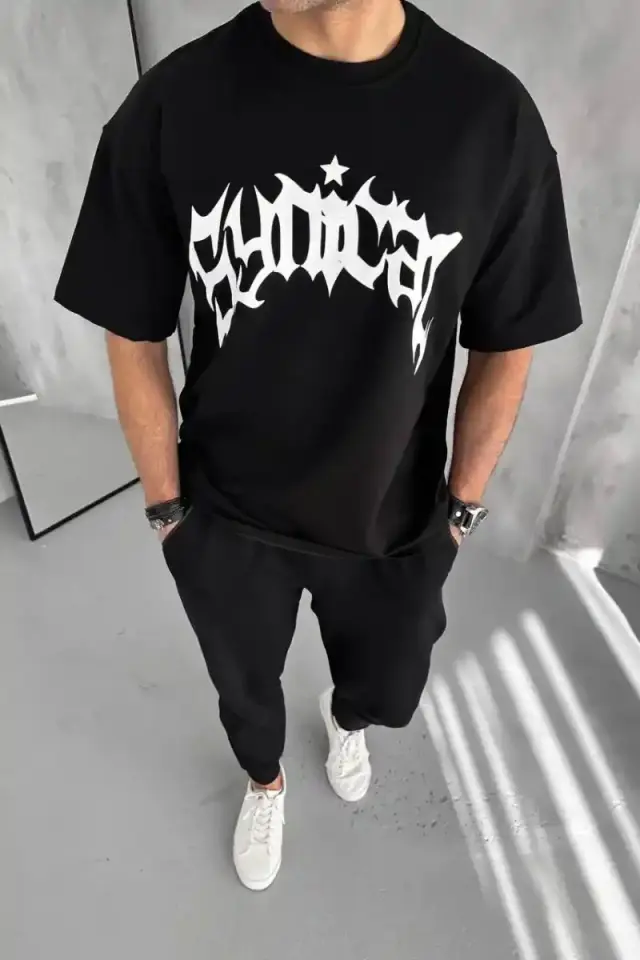 Erkek Tişört Bisiklet Yaka Baskılı Oversize Kısa kol T-Shirt - Siyah