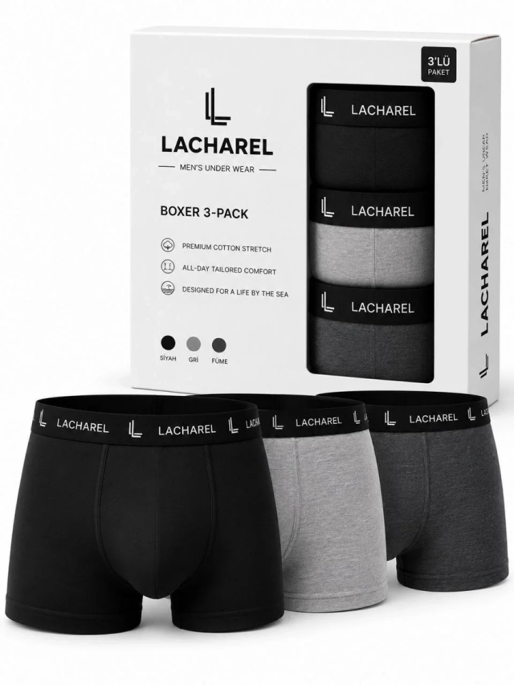Erkek Likralı Pamuklu Nefes Alan Penye Boxer 3'lü Paket - Siyah - Gri - Füme