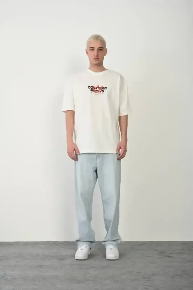 Erkek Kısa Kol Yazlık Tişört Bisiklet Yaka Baskılı Oversize T-Shirt - Beyaz